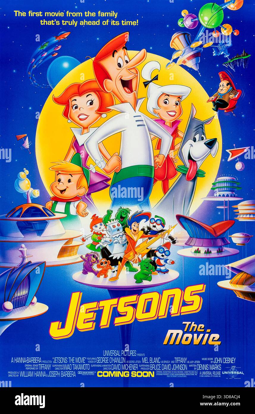Jetsons : The Movie (1990) réalisé par William Hanna et Joseph Barbera et mettant en vedette George O’Hanlon, Penny Singleton et Mel Blanc. George Jetson déplace sa famille dans une usine basée sur les astéroïdes où sa nouvelle promotion cache un complot de sabotage éco-piloté. Photographie d'une affiche américaine originale de 1990 À USAGE ÉDITORIAL EXCLUSIF. Crédit : BFA / Universal Pictures Banque D'Images