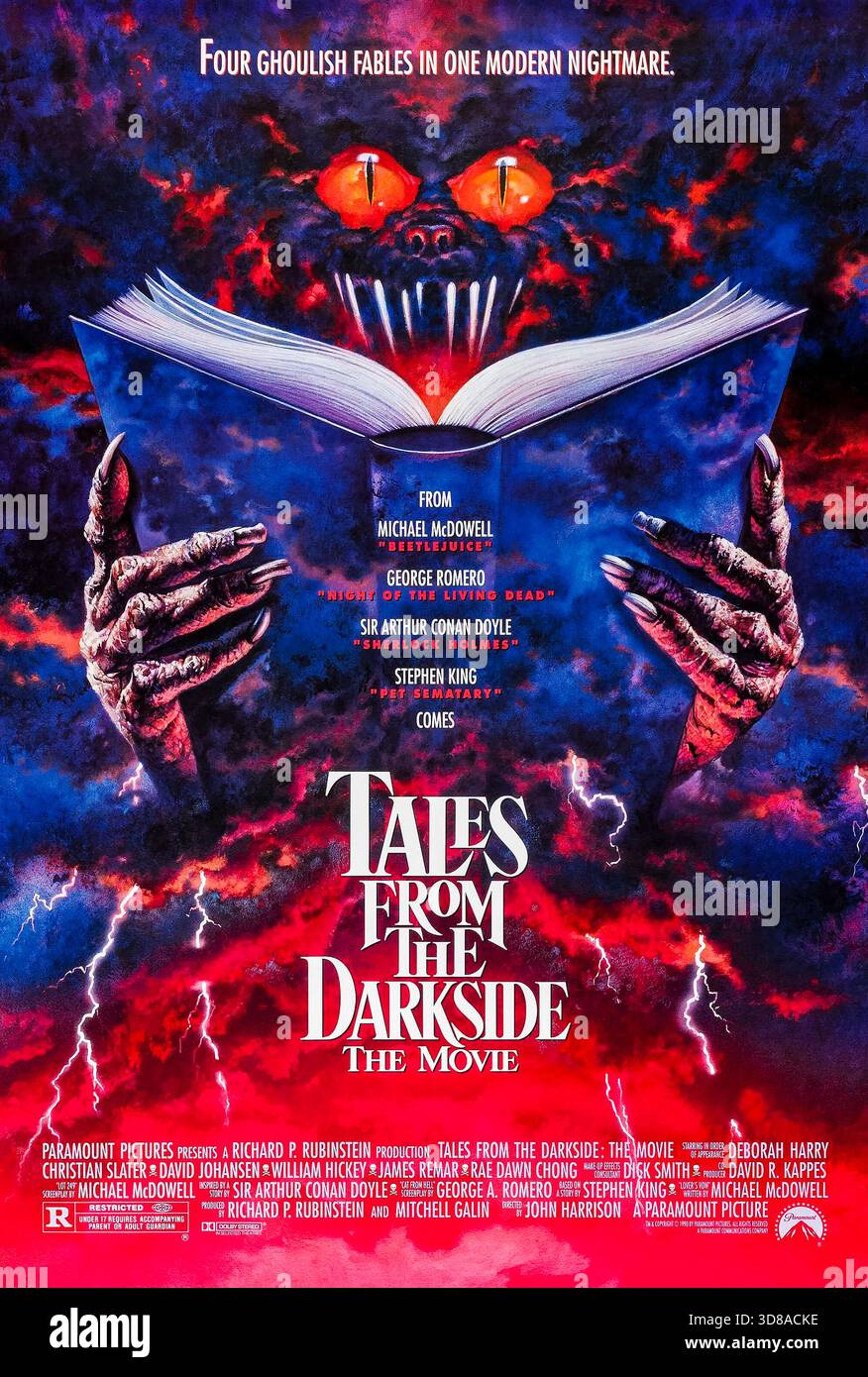 Tales from the Darkside : The Movie (1990) réalisé par John Harrison et mettant en vedette Debbie Harry, Christian Slater et Steve Buscemi. Un garçon tisse trois histoires d'horreur choquantes pour une sorcière qui se prépare à le manger, mettant en vedette d'anciennes malédictions, des félins monstrueux et des gargouilles vengeuses. Photographie d'une affiche américaine originale de 1990 À USAGE ÉDITORIAL EXCLUSIF. Crédit : BFA / Paramount Pictures Banque D'Images