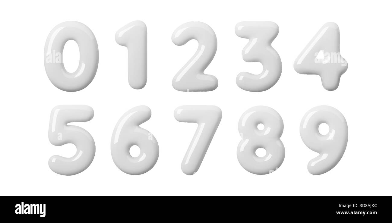 Numéro 3D doux défini dans un style ballon blanc brillant. Les chiffres gonflés lisses semblent lumineux et minimaux, parfaits pour les mises en page modernes. Éclat blanc propre et Illustration de Vecteur