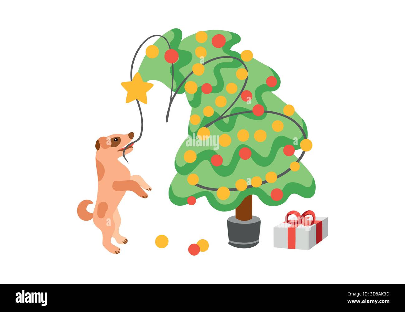 Sapin de Noël décoré de boules et d'un chien debout sur deux pattes, tirant une guirlande. Illustration vectorielle dessinée à la main pour les cartes amusantes du nouvel an, banne Illustration de Vecteur