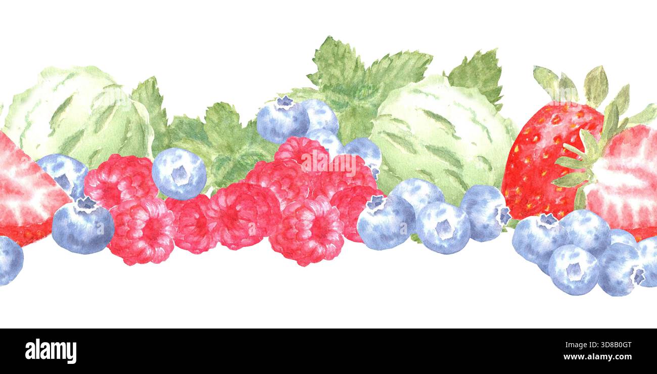 Bordure horizontale sans couture avec framboises, bleuets, fraises, menthe et crème glacée, peint à l'aquarelle sur un fond isolé. Simple c Banque D'Images