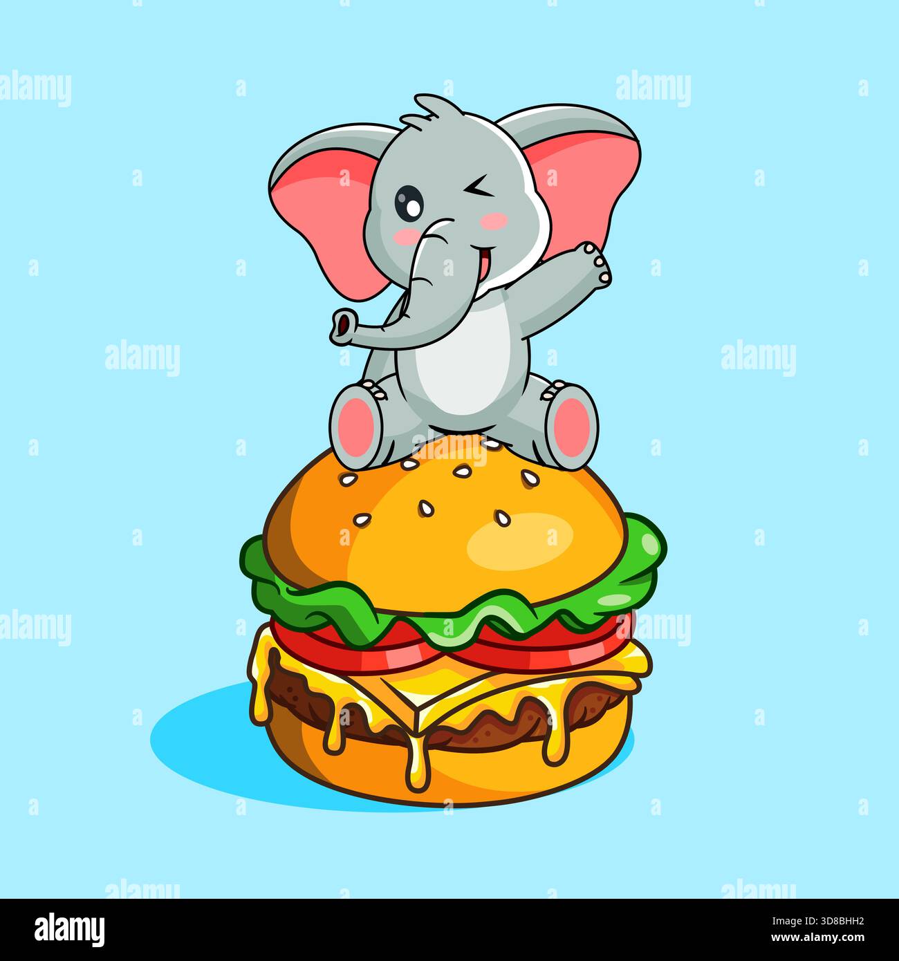 Mignon éléphant assis sur hamburger géant illustration vectorielle dessin animé Kawaii Design Illustration de Vecteur