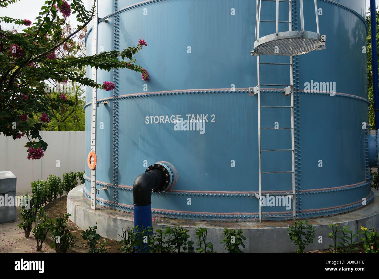 Réservoir de stockage d'eau industriel bleu moderne avec échelle et bougainvilliers roses fleurissent dans un cadre extérieur serein Banque D'Images