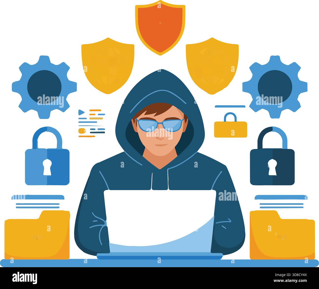 Hacker avec ordinateur portable et icônes de sécurité Illustration de Vecteur