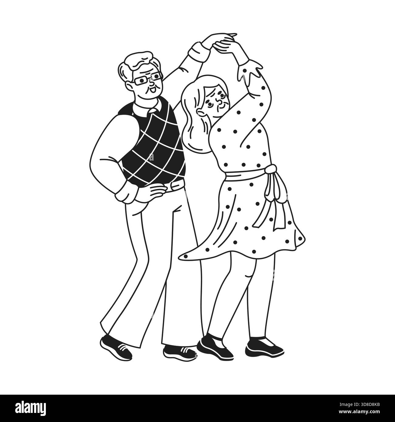 Illustration d'un joyeux couple âgé dansant. L'homme porte un gilet à motifs, et la femme une robe à pois. Ils expriment le bonheur et le mouvement. Illustration de Vecteur