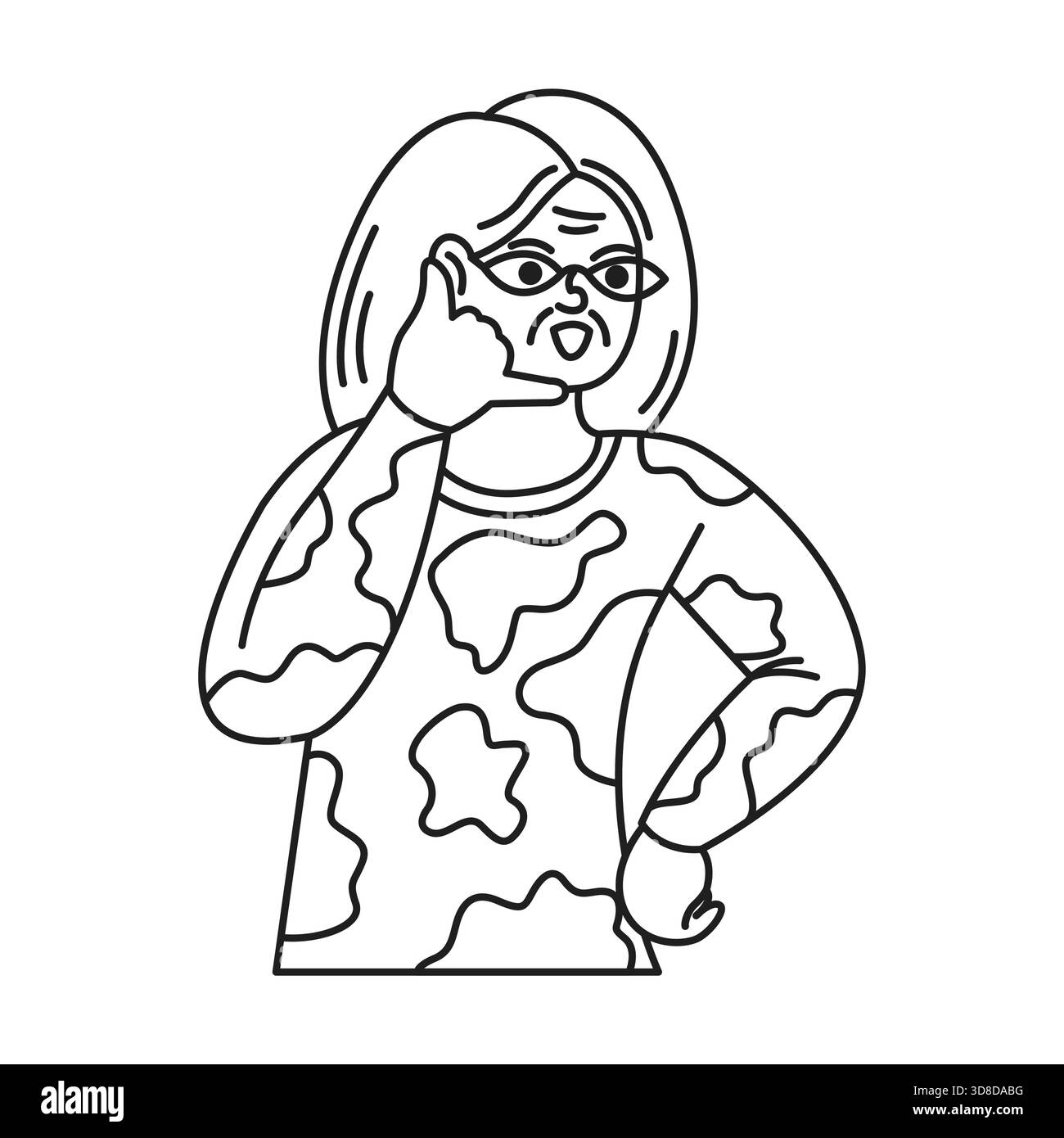 Dessin au trait représentant une femme portant des vêtements à motifs et des lunettes. Elle fait un geste de la main ressemblant à un téléphone, indiquant une communication ou un Illustration de Vecteur