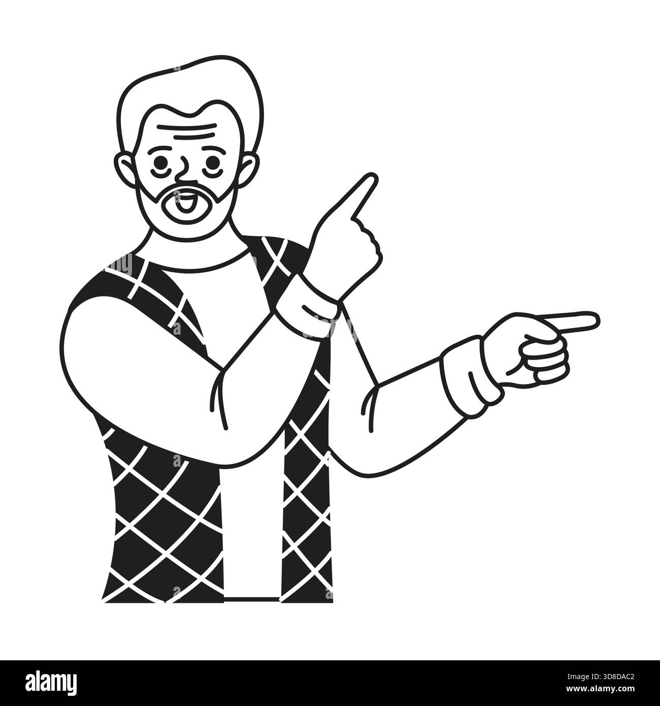 Dessin au trait d'un homme souriant avec une barbe pointant dans des directions opposées. L'homme porte un gilet à motifs et a une expression joyeuse sur son visage. Illustration de Vecteur