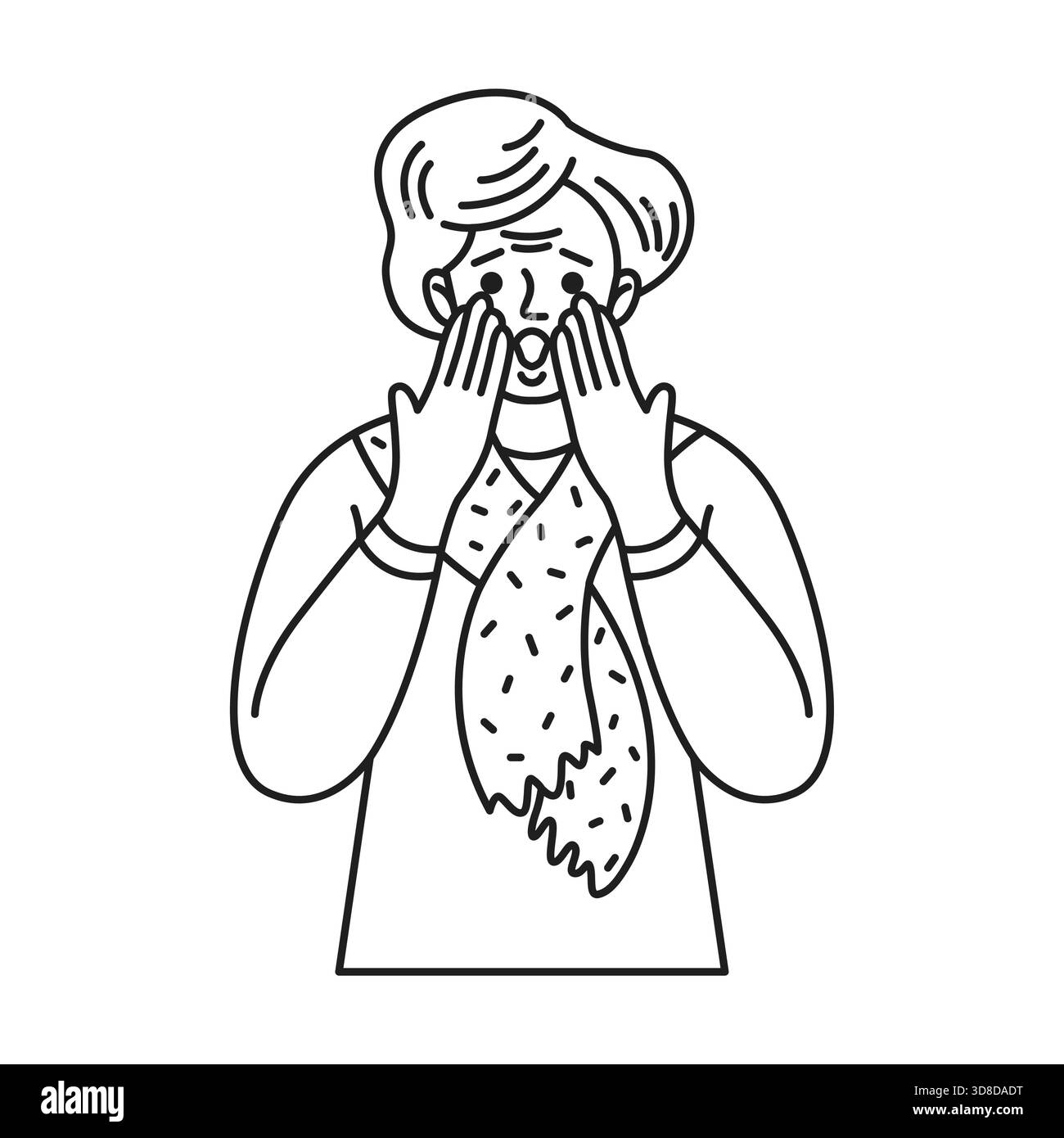 Dessin au trait d'une femme exprimant sa surprise avec sa bouche ouverte et ses mains couvrant une partie de son visage, portant un pull et une écharpe à motifs. Illustration de Vecteur