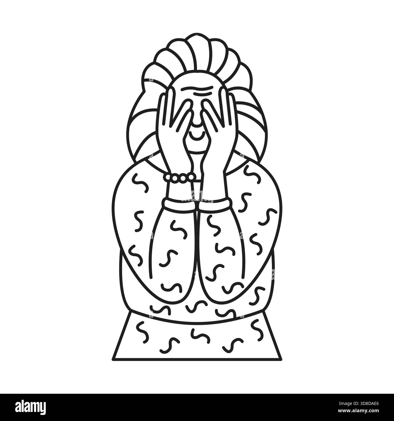 Dessin au trait minimaliste représentant une personne couvrant son visage dans la surprise ou l'incrédulité portant une tenue à motifs et des accessoires de bijoux. Illustration de Vecteur