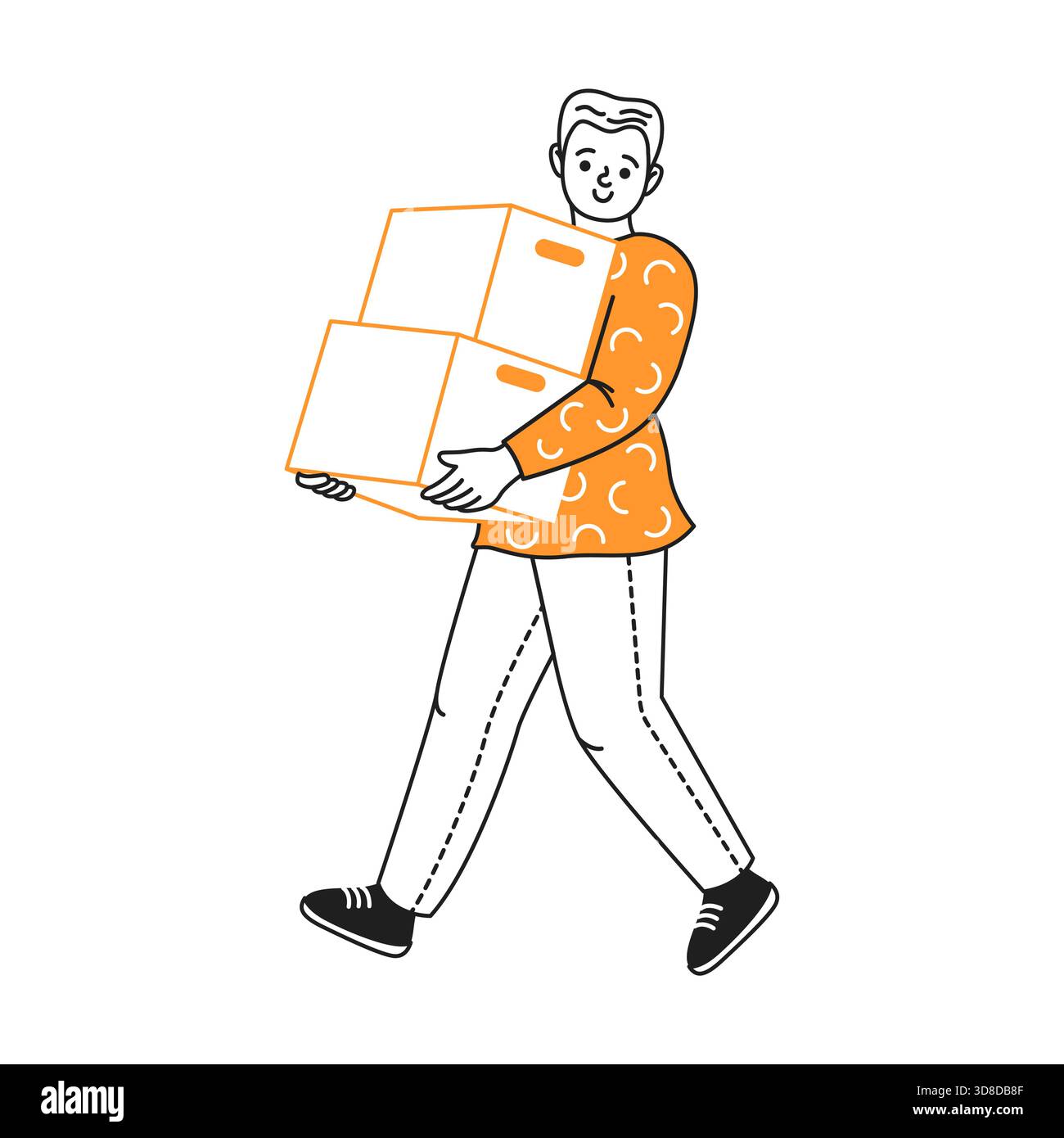 Dessin au trait minimaliste d'une personne portant deux boîtes en carton empilées tout en marchant. La figurine porte une chemise orange à motifs et un pantalon blanc, des convoyeurs Illustration de Vecteur