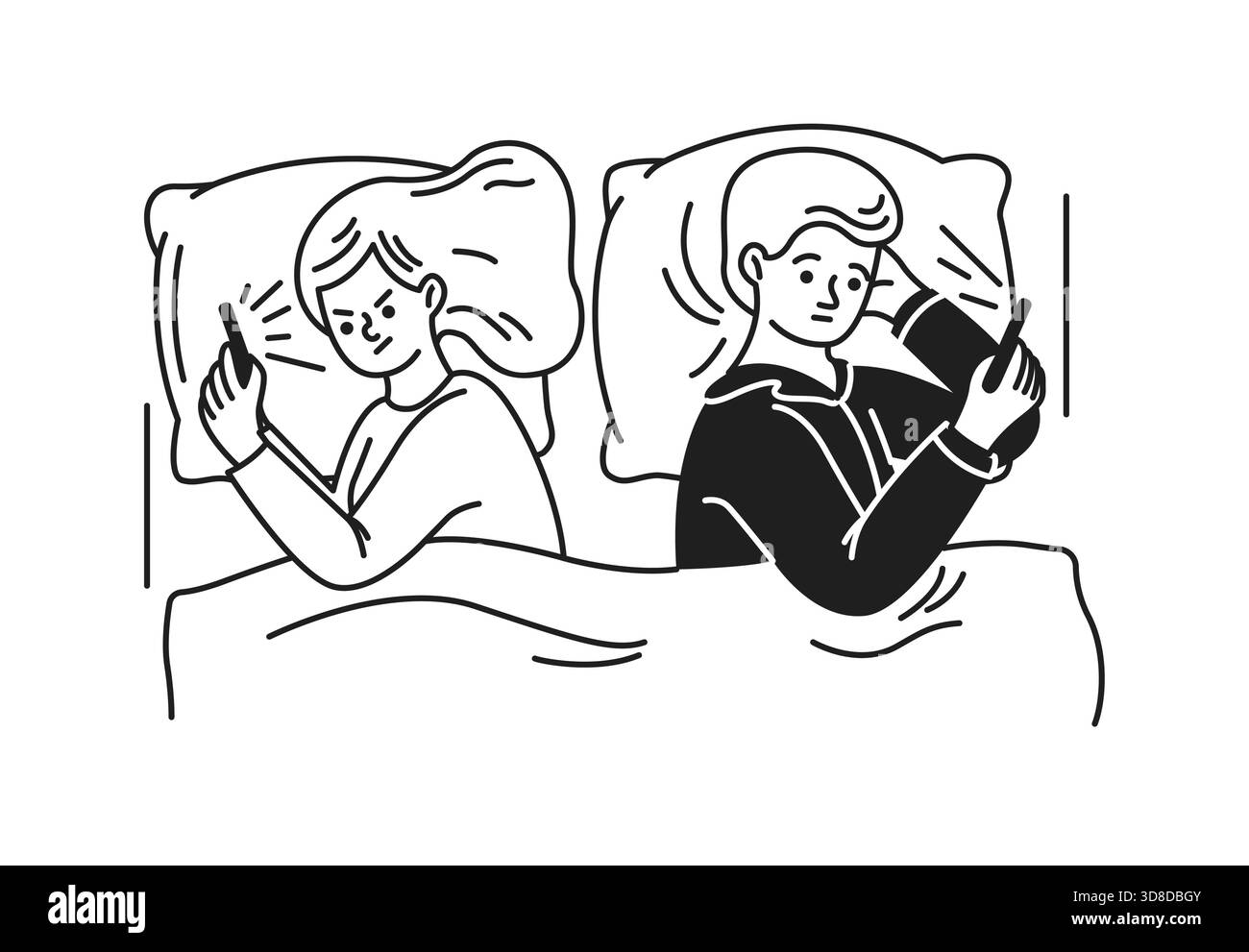 Dessin au trait noir et blanc représentant un couple allongé dans le lit et utilisant des smartphones. Ils sont engrossés dans leurs appareils, mettant en évidence la technologie imp Illustration de Vecteur