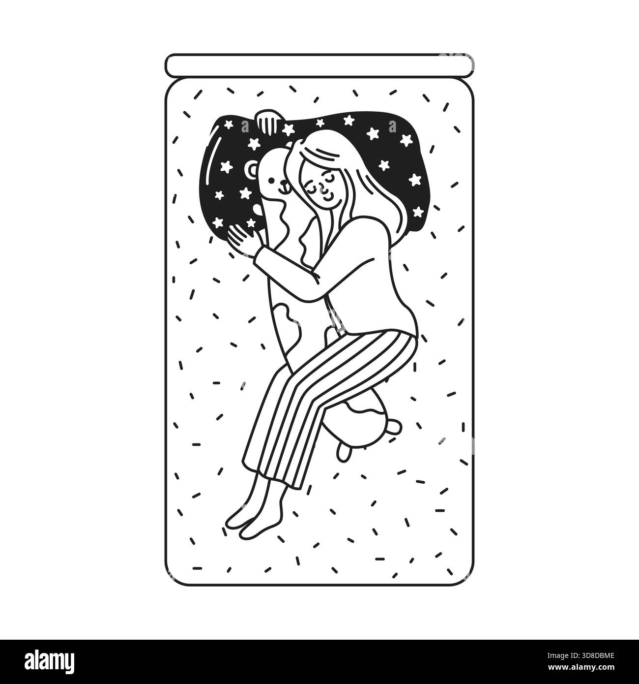 Illustration en noir et blanc d'une femme dormant confortablement dans son lit, serrant un oreiller à motifs. Elle porte un pyjama rayé, entouré d'une étoile paisible Illustration de Vecteur