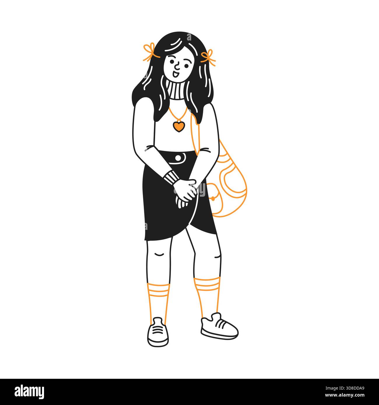 Illustration d'une jeune femme en tenue moderne avec un collier coeur, une jupe et des baskets. Elle porte un sac à motifs et a de longs cheveux attachés esprit Illustration de Vecteur
