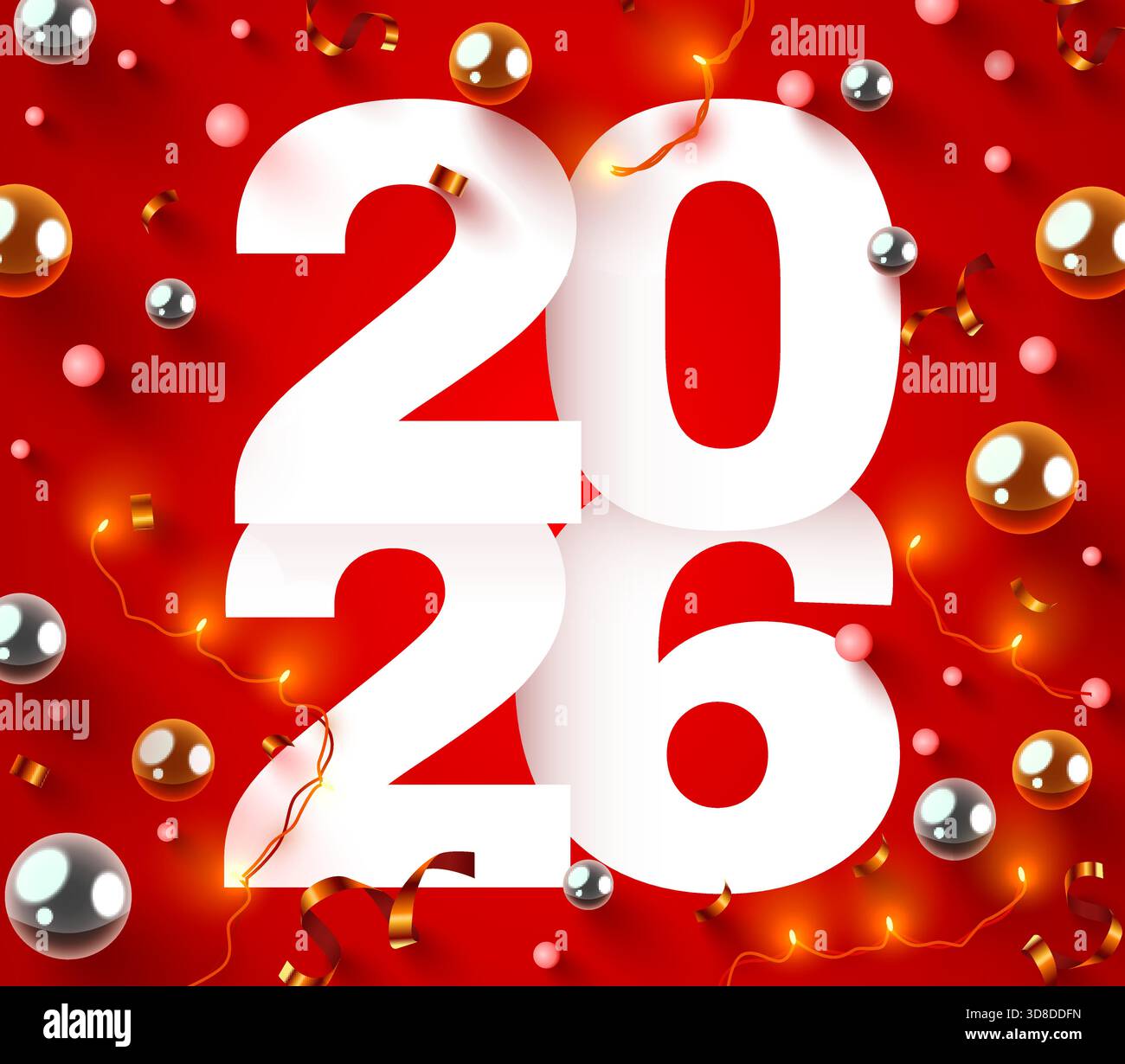 Bonne année 2026 fond rouge festif avec des lumières brillantes et des sphères décoratives. Utilisez pour les cartes, les bannières. Illustration vectorielle. Illustration de Vecteur