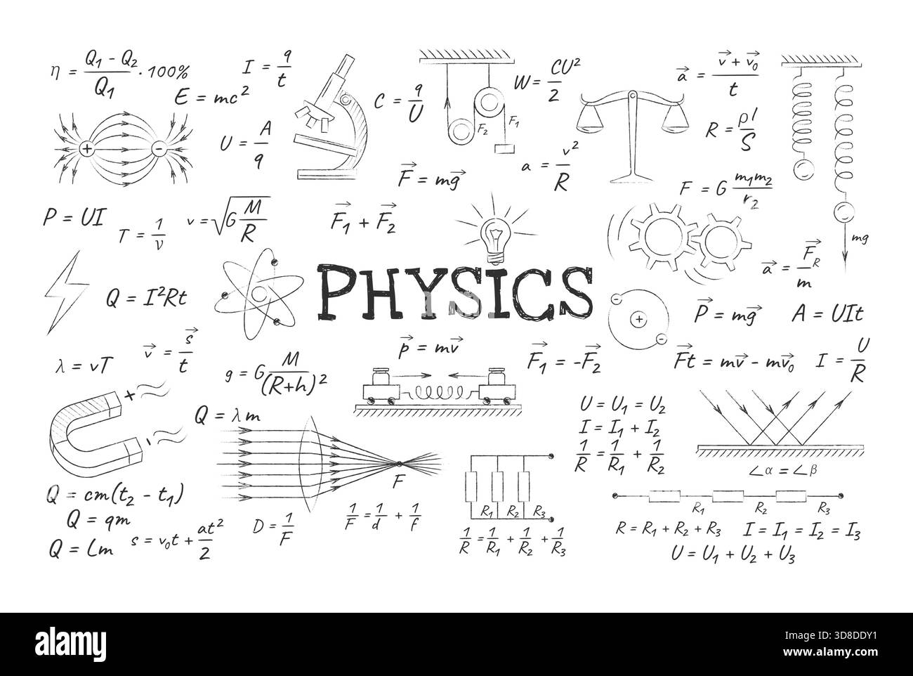 Collection de formules physiques dessinées à la main et de symboles scientifiques sur fond blanc. Les illustrations incluent des équations, des diagrammes et des instruments scientifiques Illustration de Vecteur