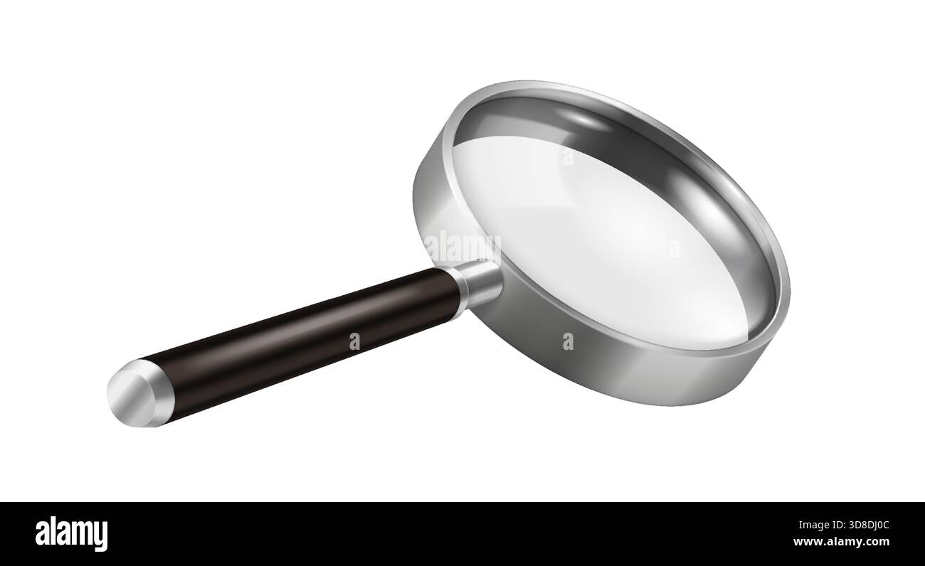 Illustration détaillée d'une loupe avec un cadre métallique et une poignée noire isolée sur un fond blanc, mettant en valeur une lentille transparente pour la mise au point. Illustration de Vecteur