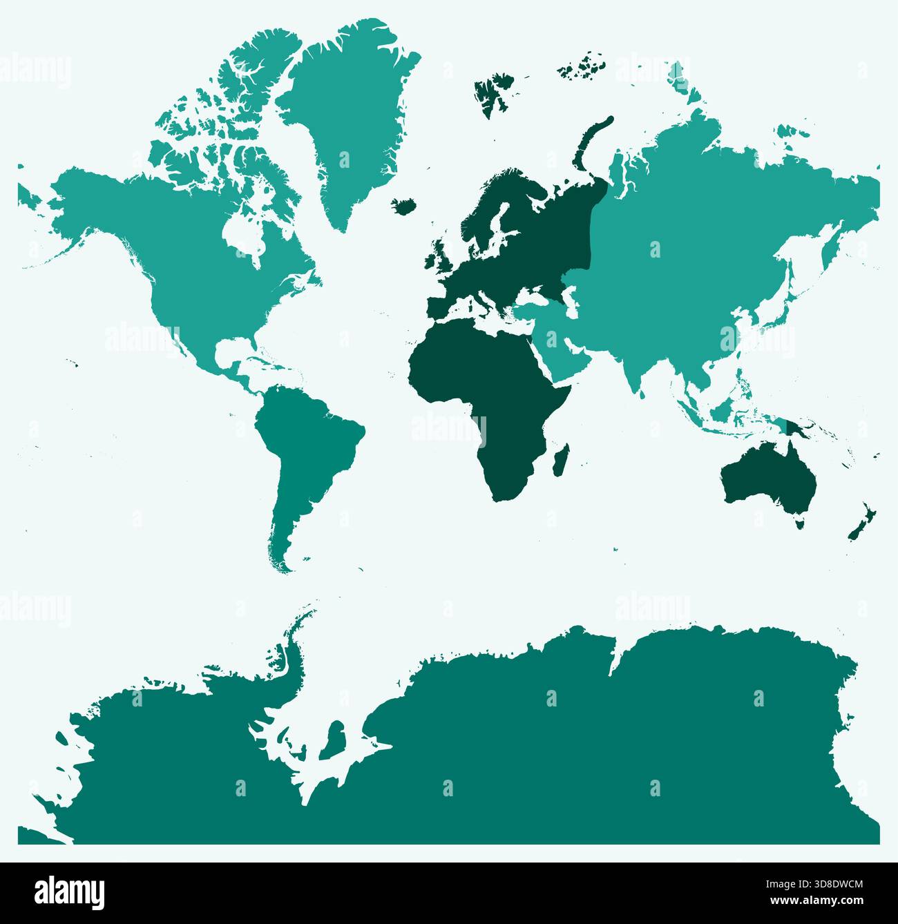 Carte du monde avec des continents. Juste une carte de frontière simple avec la division du continent. Palette de couleurs sarcelle. Forme de monde plat avec division administrative. Illustration de Vecteur