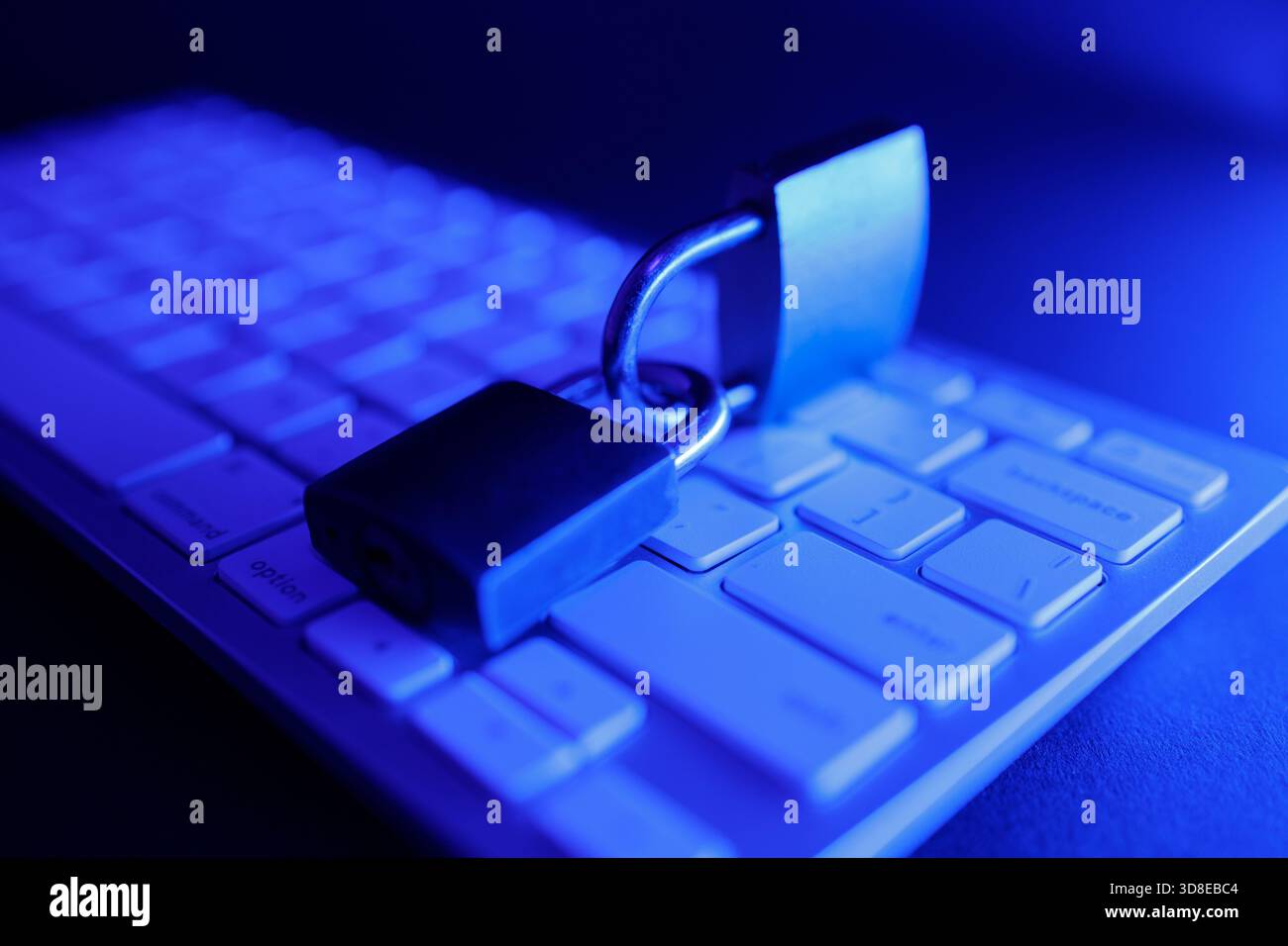 Un cadenas repose sur un clavier d'ordinateur, symbolisant le besoin critique de cybersécurité dans le paysage numérique d'aujourd'hui. Cette scène met l'accent sur l'ongoi Banque D'Images
