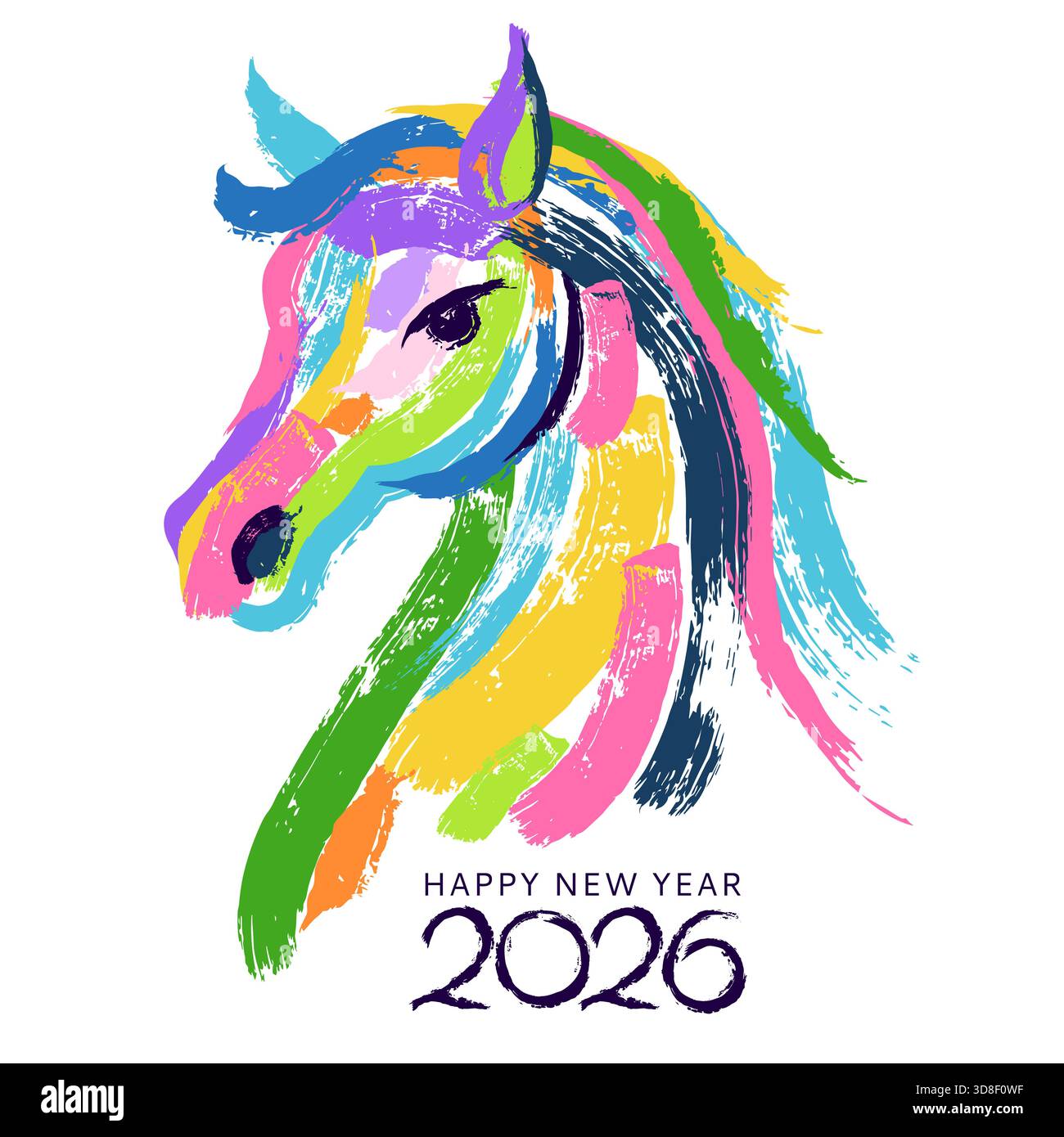 Vecteur vibrant tête de cheval aquarelle, symbole de l'illustration peinte à la main du nouvel an 2026. Élément de conception d'impression d'art d'animal de vacances pour bannière, affiche, g Illustration de Vecteur