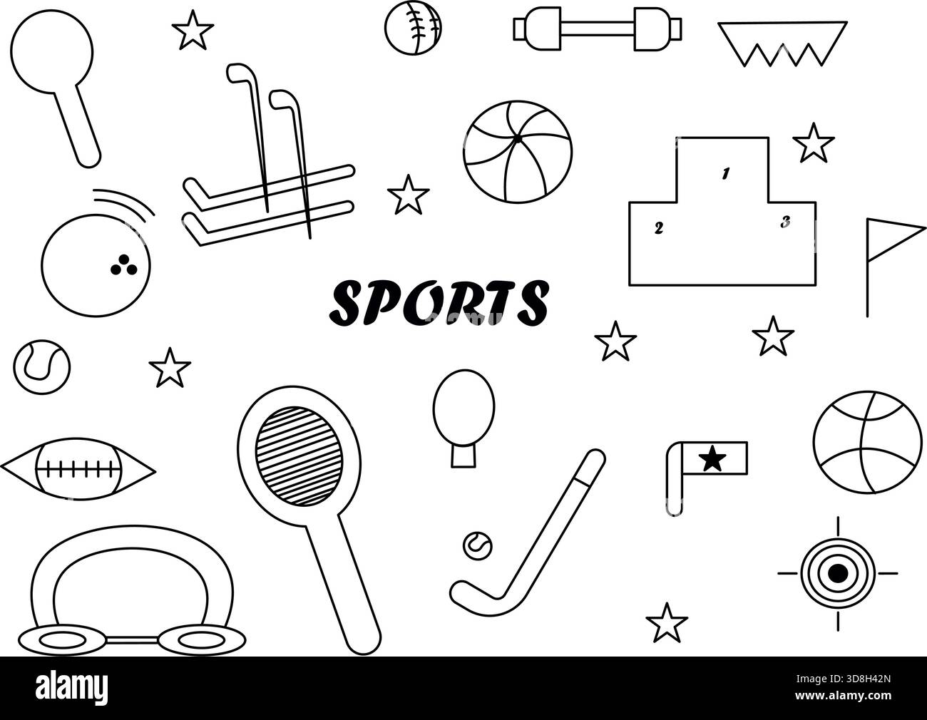 Vecteur de doodle sportif noir et blanc avec tennis, bowling, baseball, basket-ball, gymnastique, podium, haltère, hockey, golf, tir à l'arc, étoiles, Illustration de Vecteur