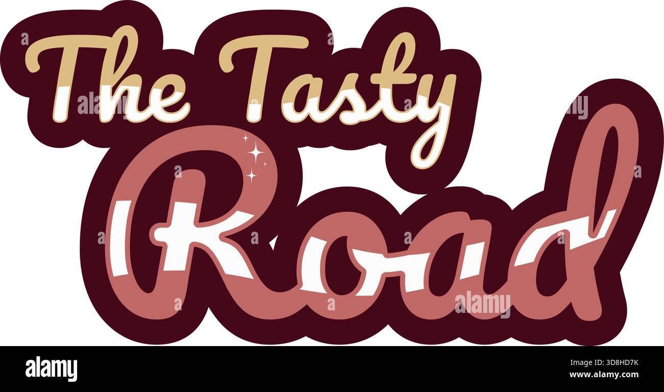 Typographie colorée et ludique reaading The Tasty Road avec des étincelles et un script audacieux. Idéal pour les blogs alimentaires, l'image de marque culinaire, l'emballage ou la cuisine Illustration de Vecteur