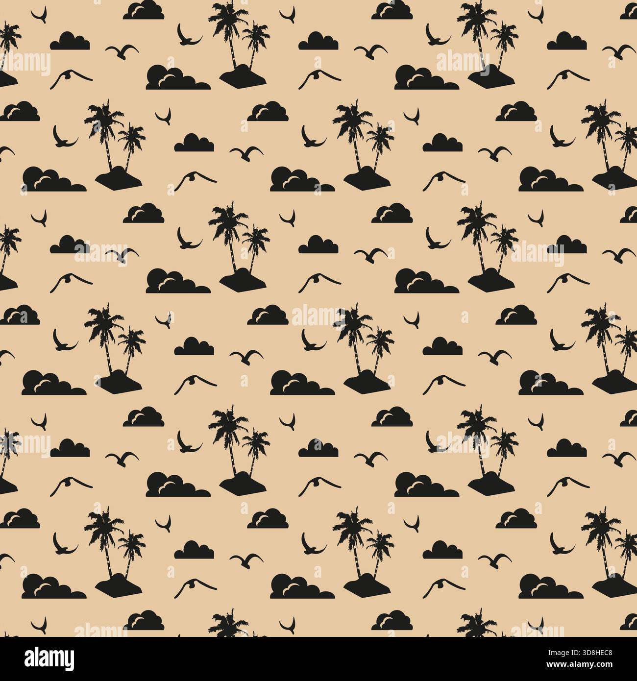 Motif tropical sans couture minimal avec des palmiers, des oiseaux volants et des nuages sur fond beige. Parfait pour les imprimés textiles d'été, les emballages de plage Illustration de Vecteur