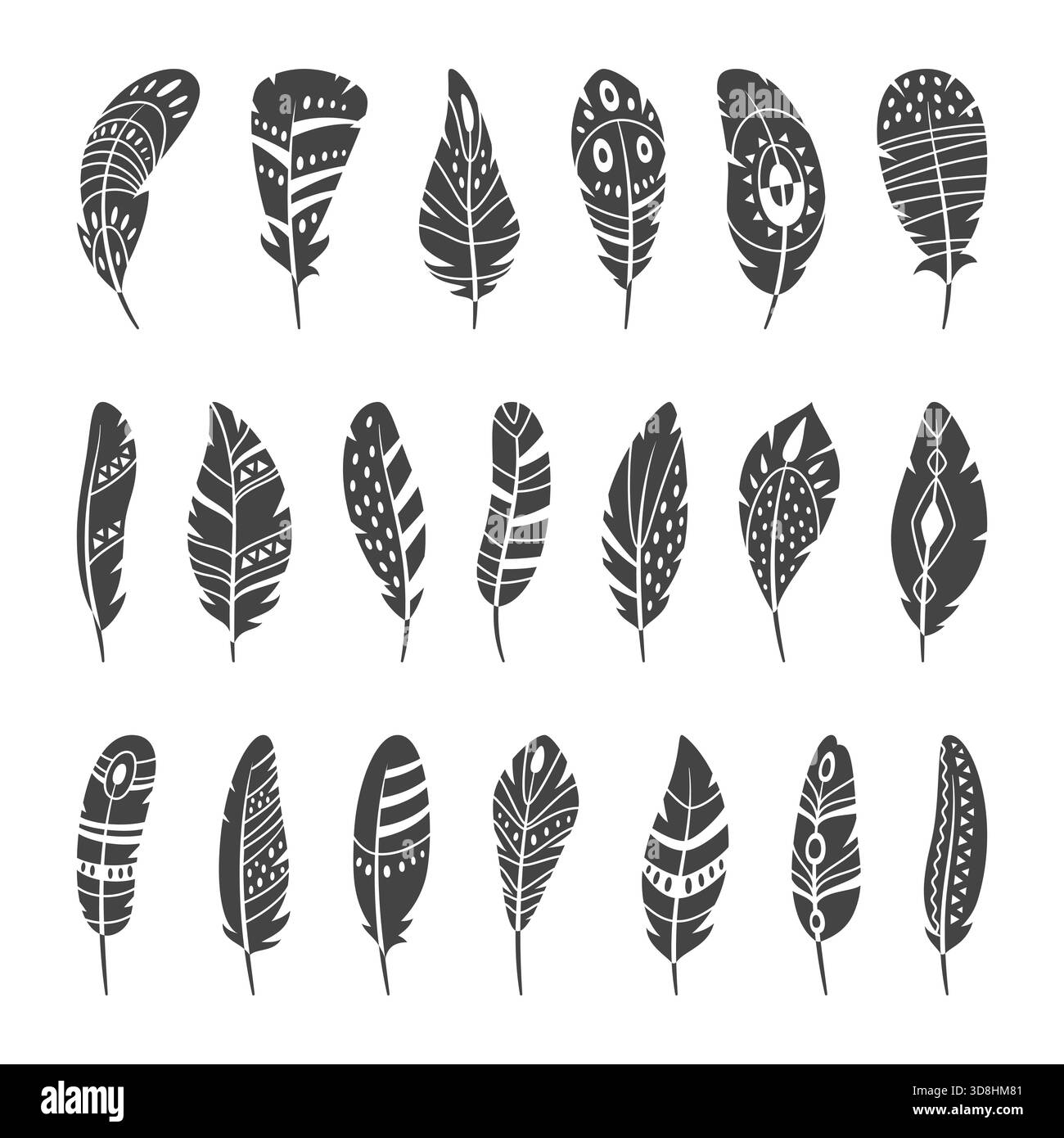 Silhouettes de plumes tribales. Icônes décoratives noires, ornements ethniques, élément de plumage d'oiseau à motifs, piquets design boho rustique, conception de tatouage Illustration de Vecteur