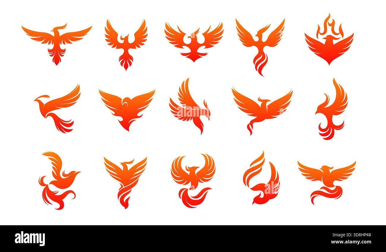 Icônes de silhouette phoenix brûlantes. Signes simples stylisés, silhouettes mythiques d'oiseaux de feu, logo business avec flamme, symbole de renaissance de force, isolé Illustration de Vecteur