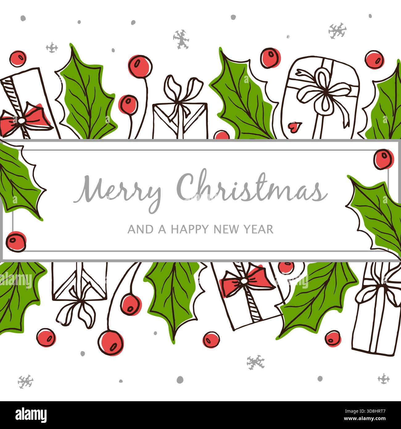 Cartes de voeux de Noël et de nouvel an lumineuses avec houx, baies, cadeaux et flocons de neige. Fond saisonnier des fêtes, cadre pour les messages d'accueil textuels, les annonces et les soldes d'hiver. Illustration de Vecteur