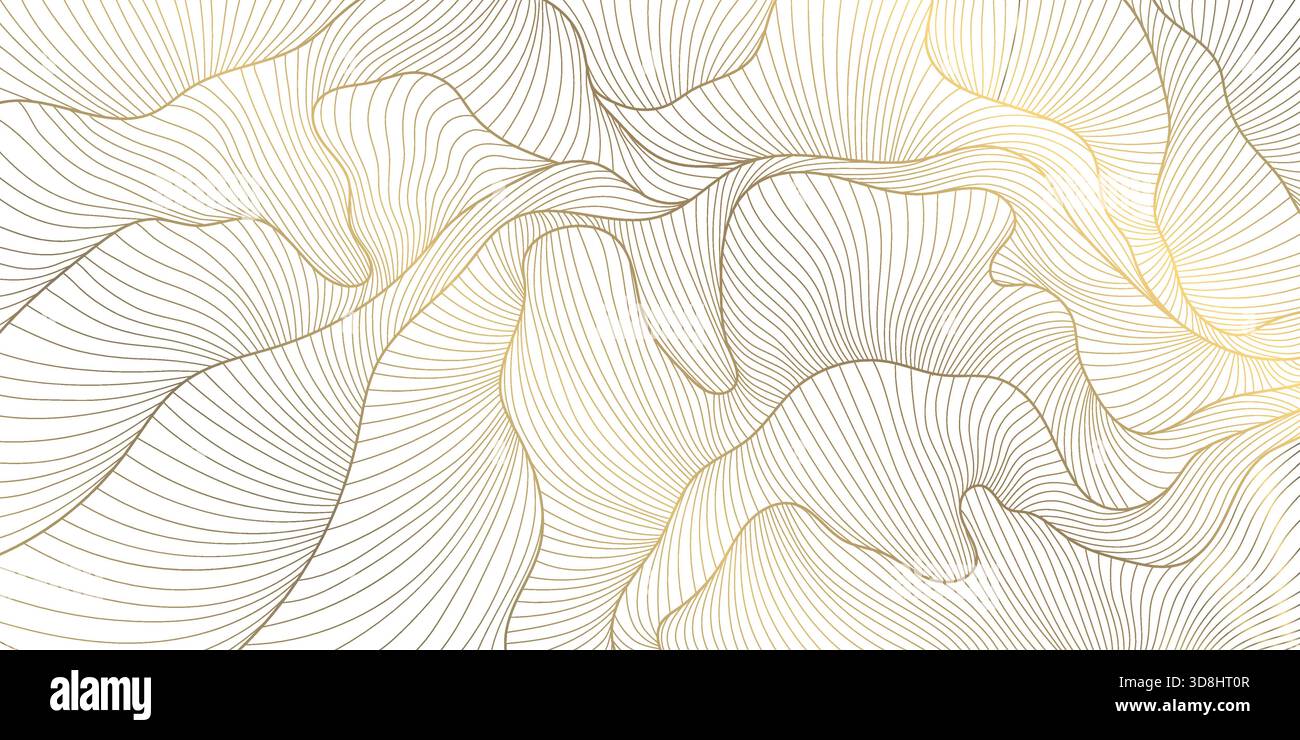 Motif de ligne d'or, vagues élégantes, courbes fluides douces, japonais, éléments art déco. Fond abstrait vectoriel de luxe, texture soyeuse premium. Organique Illustration de Vecteur