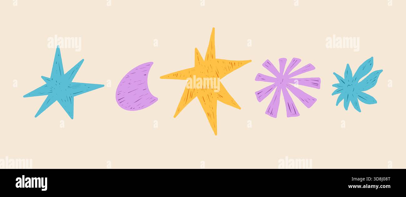 Craie pour enfants étoiles géométriques formes d'éléments de doodle. Astérisque de maternelle ludique, étoiles, scintillants éléments abstraits. Figurines autocollantes colorées funky, p Illustration de Vecteur