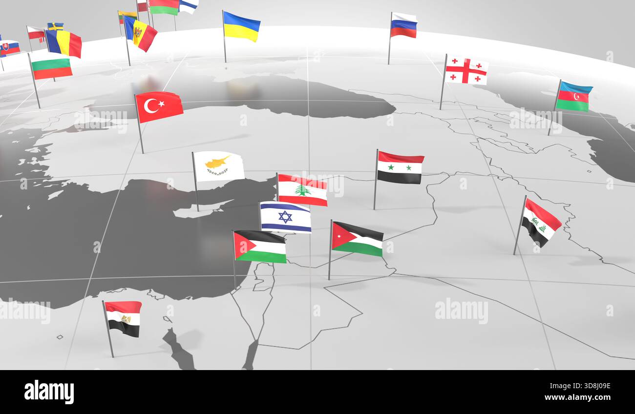 Moyen-Orient - frontières et drapeaux des pays - illustration 3D. Banque D'Images