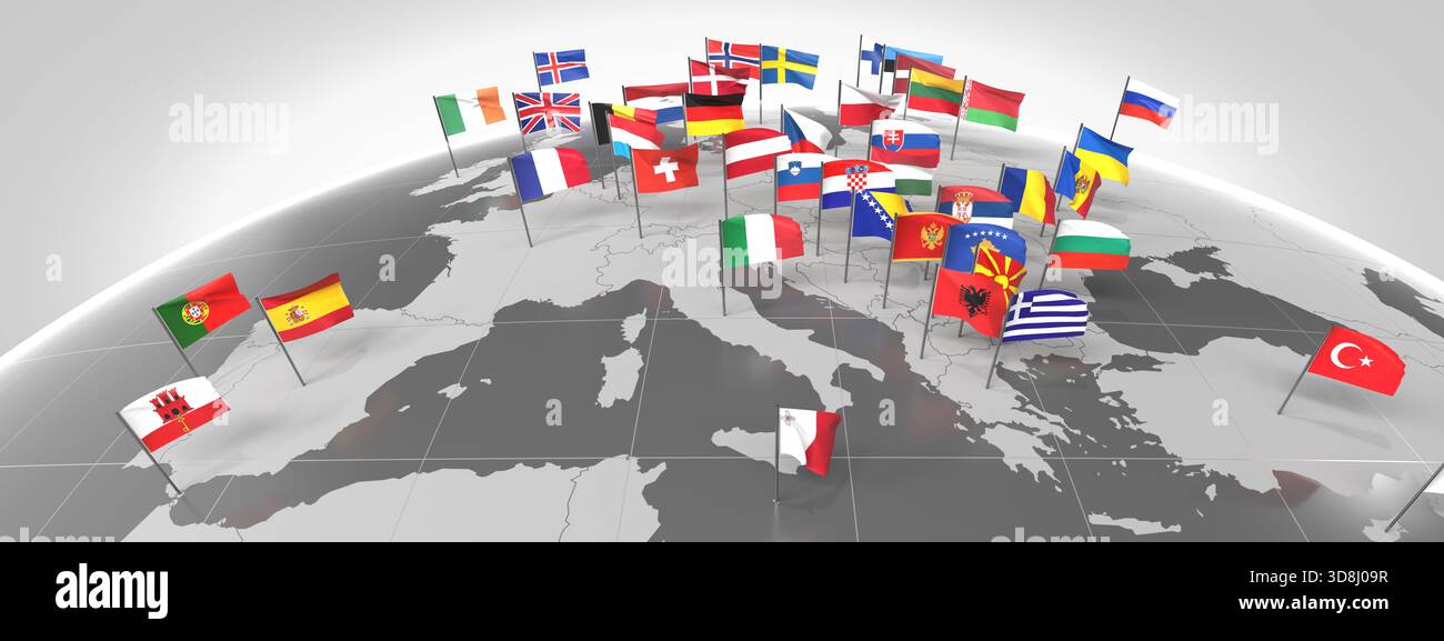 Europe - frontières des pays et drapeaux - illustration 3D. Banque D'Images