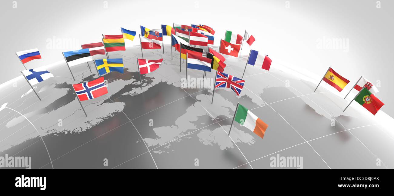 Europe - frontières des pays et drapeaux - illustration 3D. Banque D'Images
