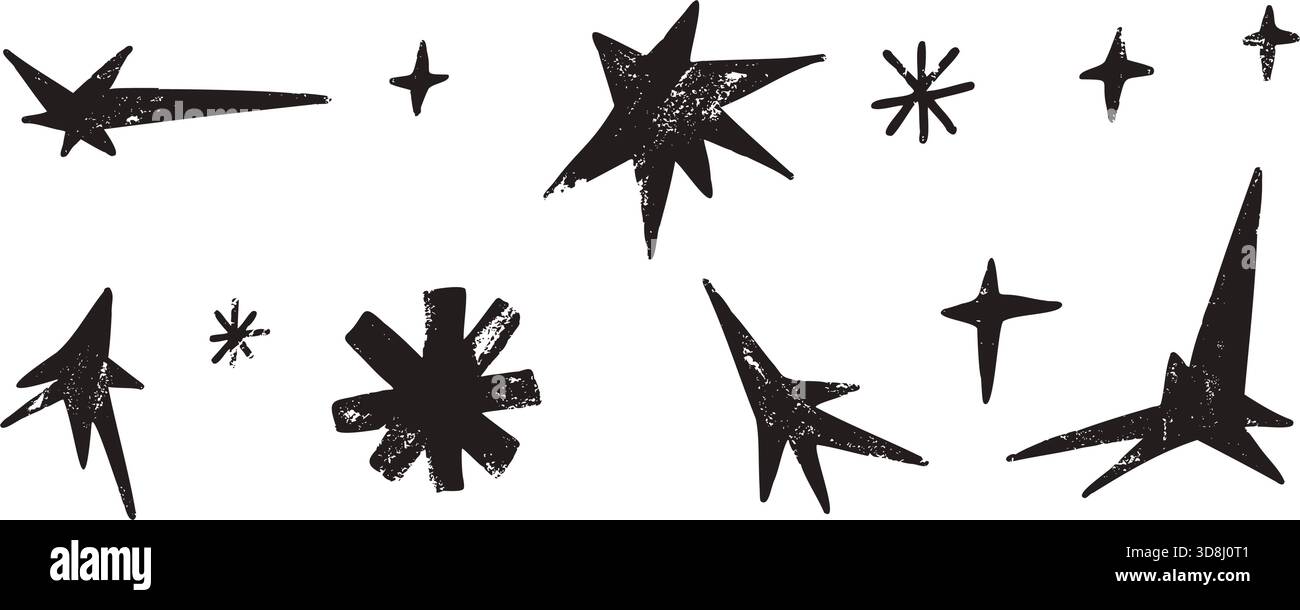 Étoiles dessinées à la main, icônes astérisque de flocon de neige. Ensemble de formes Dodle scintillantes. Collection Scribble Magic scintillant faite à la main. Autocollants à clignotement d'étincelle. Simple charco Illustration de Vecteur