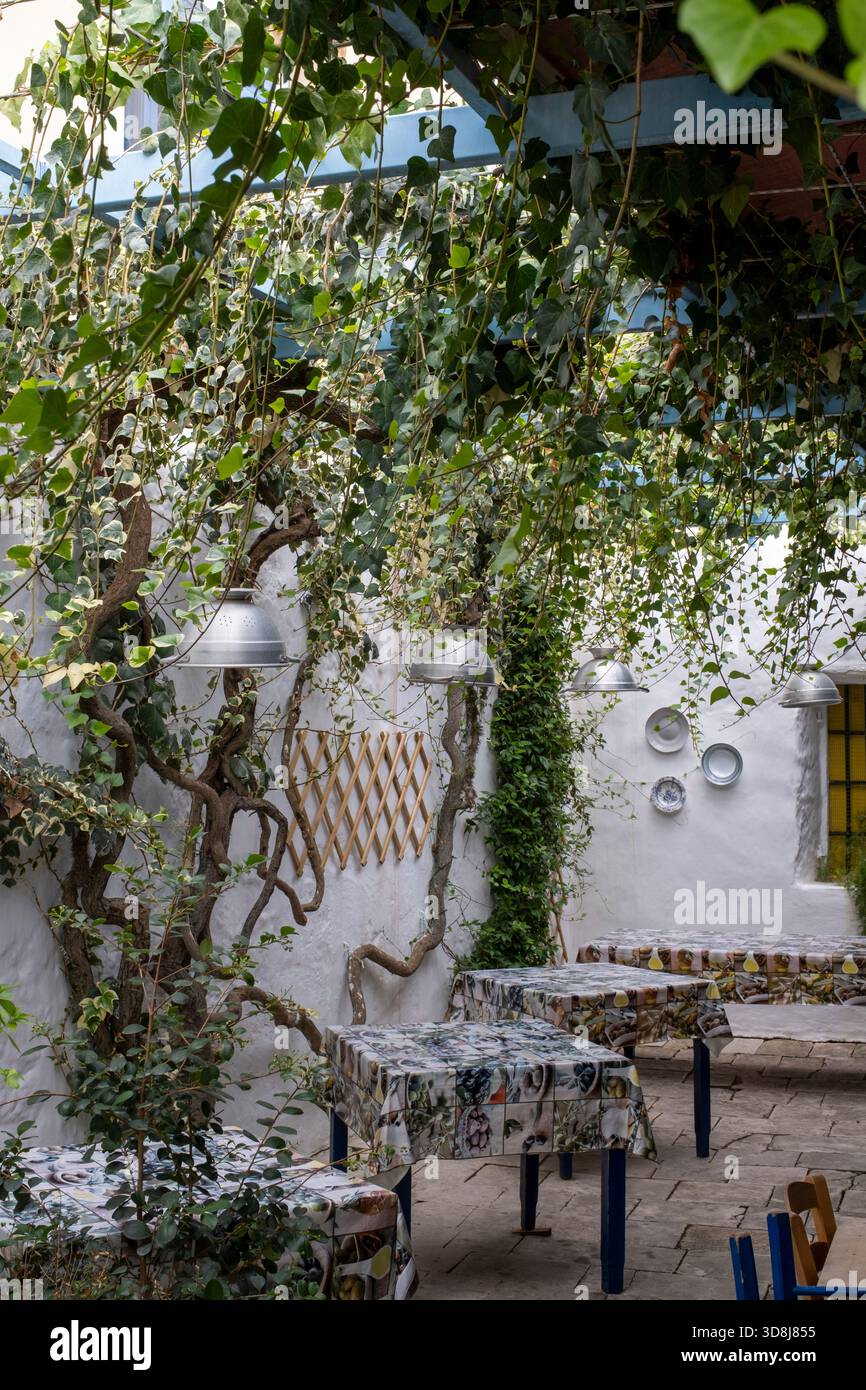Restaurant extérieur avec tables et plantes suspendues, graisse Banque D'Images