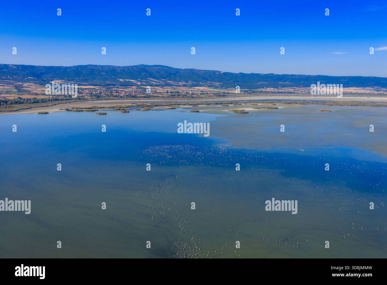 Vue aérienne du lac Koroneia en Macédoine centrale, Grèce, où la sécheresse et le changement climatique refaçonnent la terre et la vie. Banque D'Images
