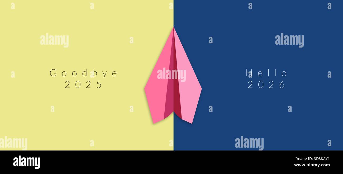 transition de 2025 à 2026 avec un avion en papier avec texte au revoir 2025 bonjour 2026, symbolisent les objectifs de la nouvelle année, les nouveaux départs, le changement, les nouveaux départs Banque D'Images