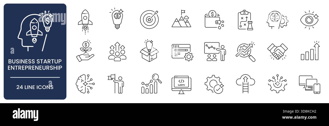 Jeu d'icônes Business Startup et Entrepreneurship Line avec contour modifiable. Collecte de fusée, financement d'amorçage, capital de risque, lancement de produit Illustration de Vecteur