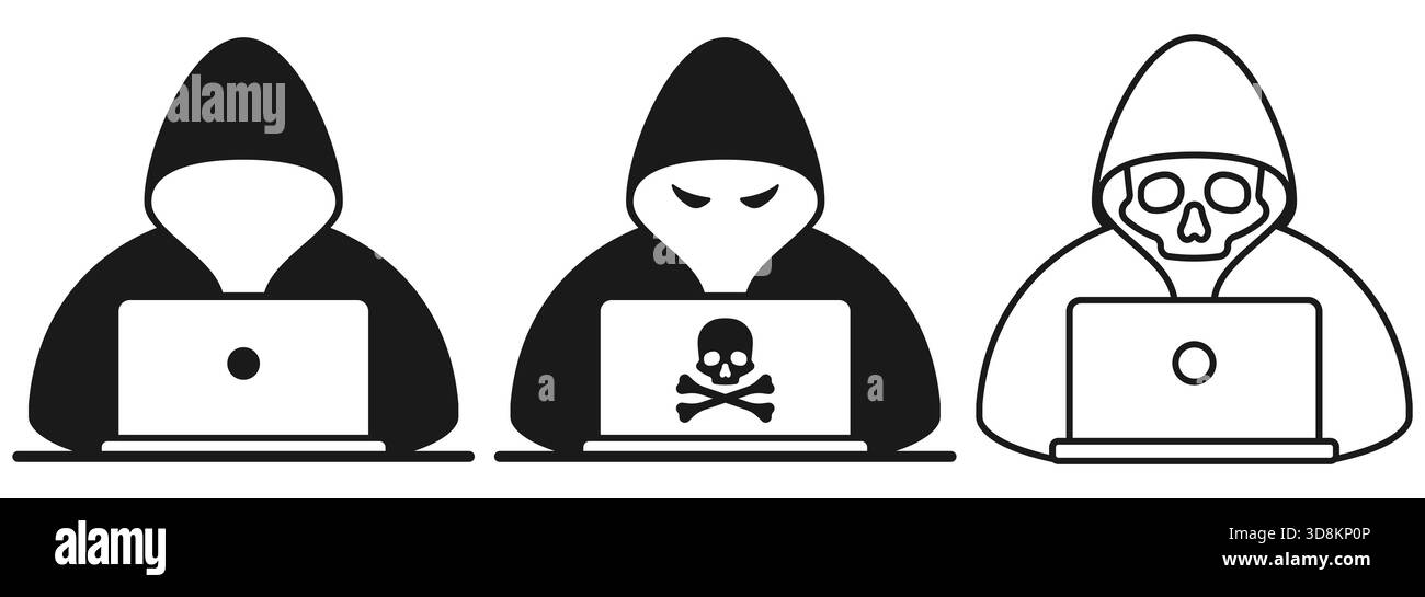 Ensemble d'icônes de pirates avec des figures à capuche utilisant des ordinateurs portables, représentant la cybercriminalité, le piratage et les menaces de sécurité en ligne. Icône pirate définie. Silhouette de pirate anonyme. Symbole d'ordinateur portable cybercriminel. Hacker avec crâne. Collection d'icônes de cybersécurité. Illustration de Vecteur