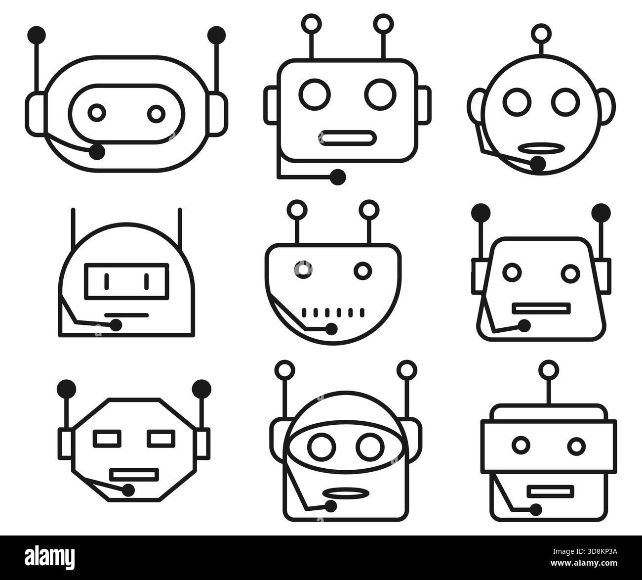 Ensemble de visages robotiques d'intelligence artificielle conçus comme des assistants virtuels avec microphones, parfaits pour les concepts de support numérique. Collection d'icônes de ligne représentant des chatbots IA avec des casques, symbolisant le service client, le centre d'appels et l'assistance en ligne. Illustration de Vecteur