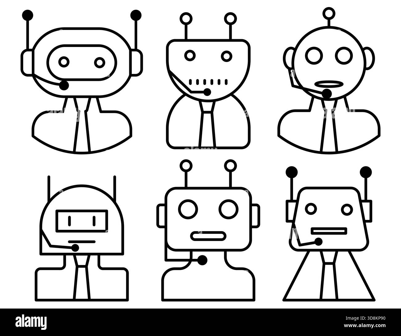 Ensemble d'icônes de ligne montrant des robots IA avec des casques représentant le service client, le centre d'appels et les concepts d'assistant virtuel, parfaits pour la conception de centre de contact, de service d'assistance et d'assistance en ligne. Collection d'illustrations de chatbot dessinées comme des robots en costumes avec des microphones, symbolisant le support numérique moderne. Illustration de Vecteur