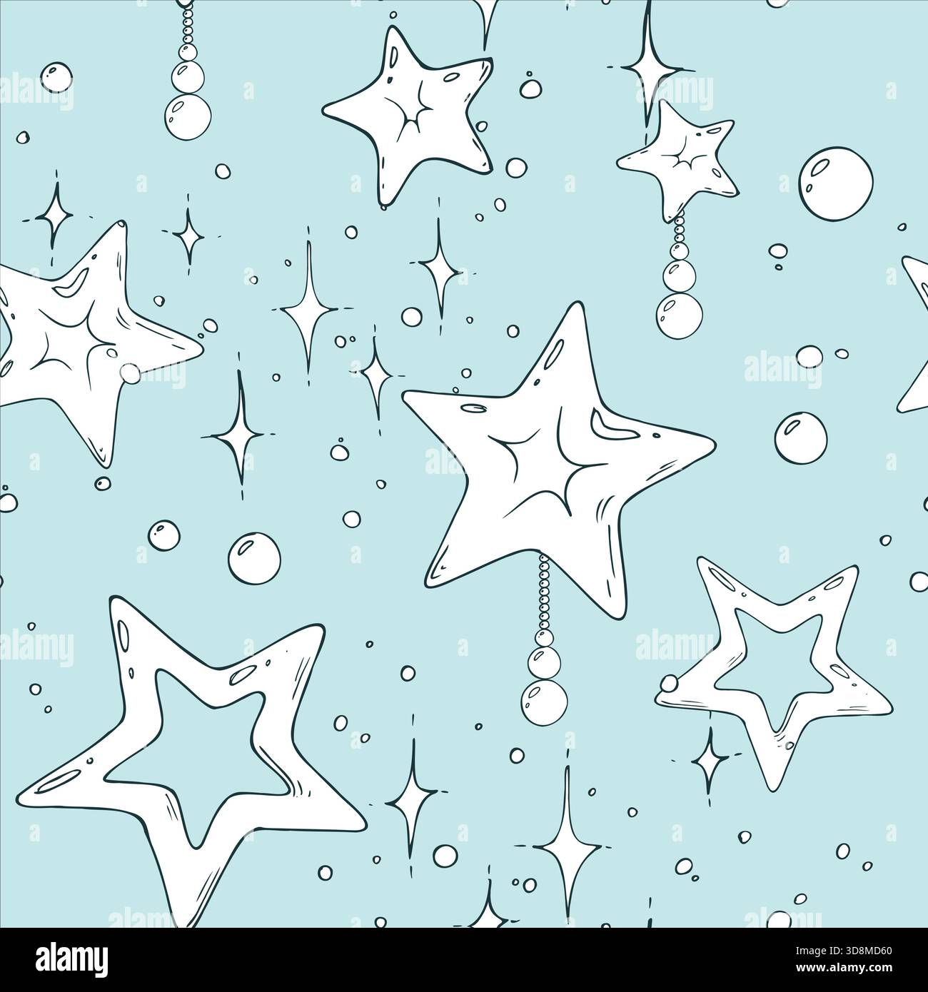 Un motif sans couture avec des étoiles et des perles chatoyantes. Illustration graphique au trait monochrome dessinée à la main à la plume et à l'encre. Noël, hiver et Nouveau Illustration de Vecteur