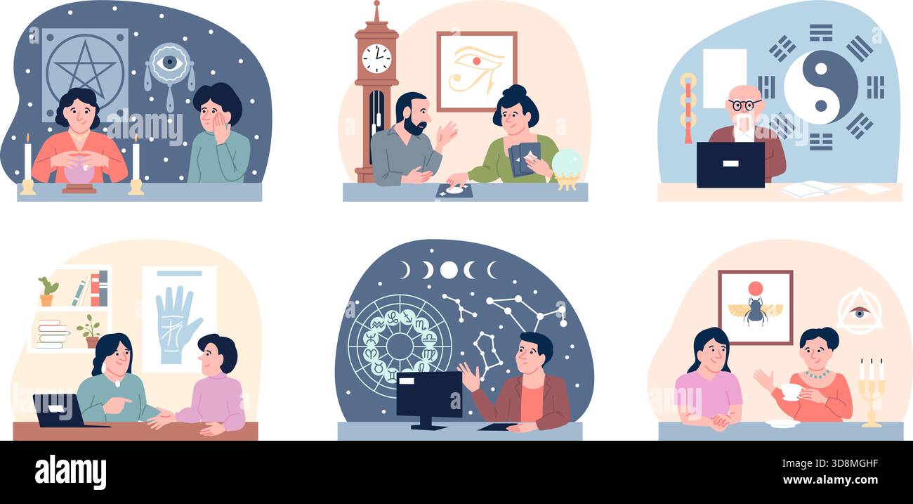 Personnages ésotériques modernes. Pratiques magiques modernes, palmiste, astrologue, lecture de cartes de tarot. Les visiteurs peuvent apprendre leur destin de magicien, récent Illustration de Vecteur