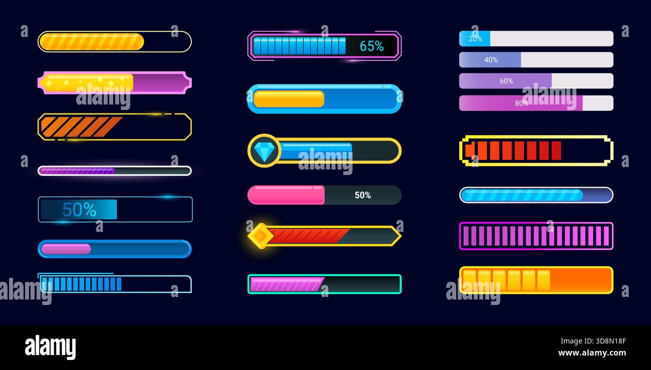 Barres de chargement de jeu. Interface de l'application mobile du chargeur, télécharger la vidéo barre de progression télécharger la vidéo indicateur de niveau de néon jauge d'application cartoon ui à venir bientôt statu Illustration de Vecteur