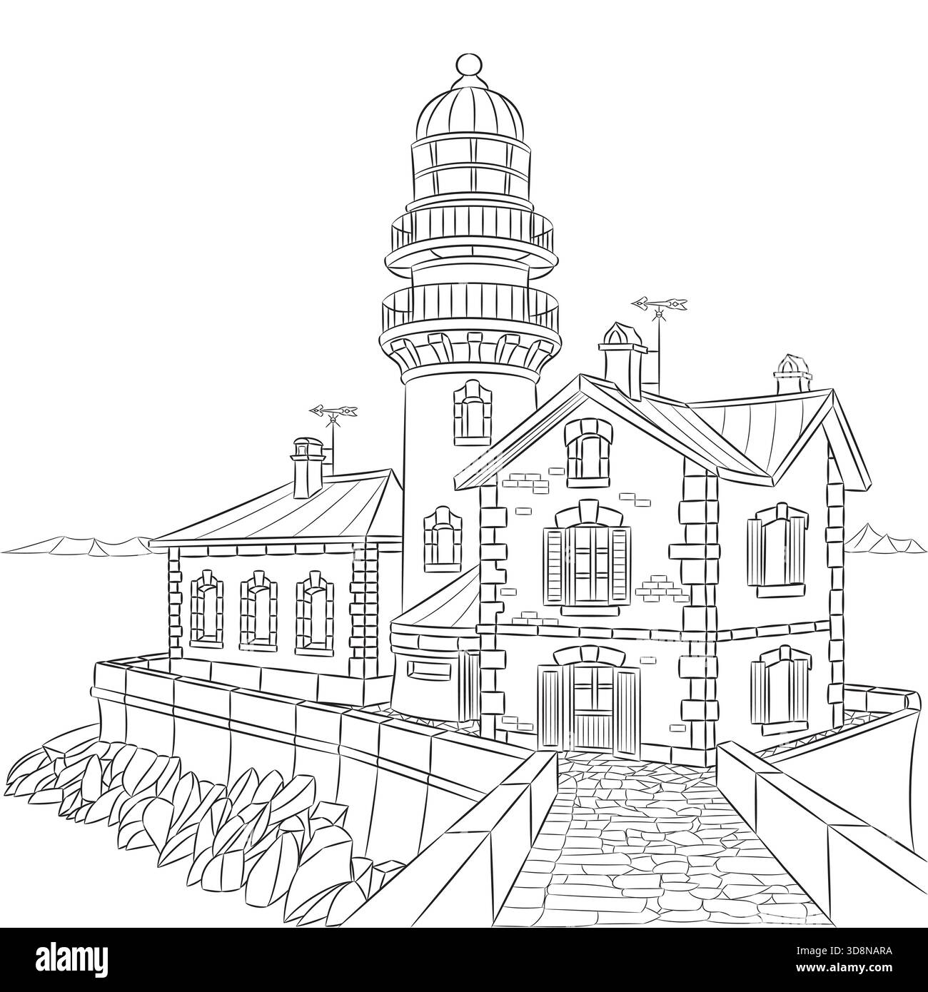 Vieux phare en pierre avec maison de gardien côtier attaché Illustration de Vecteur