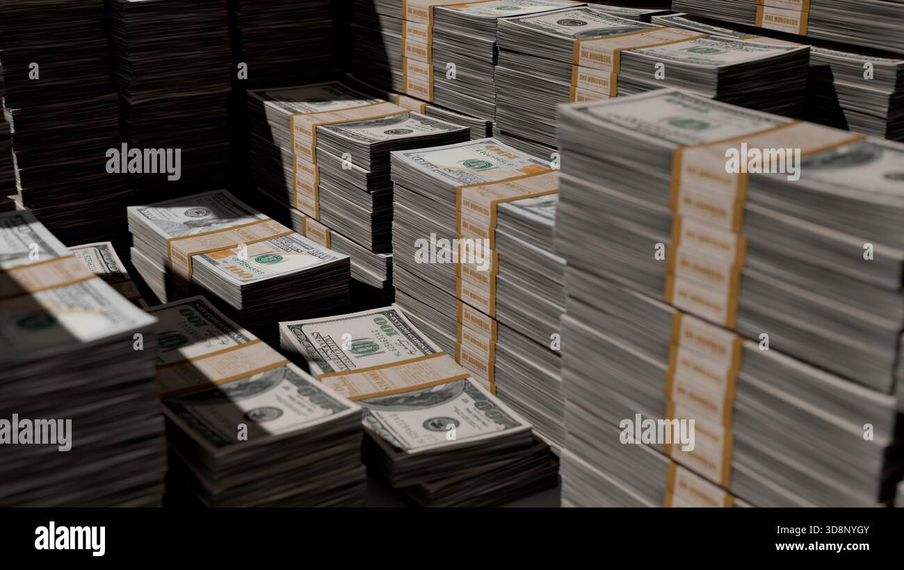 Piles de billets de cent dollars en paquets de 10 000. Rendu 3D en haute résolution 8K. Banque D'Images