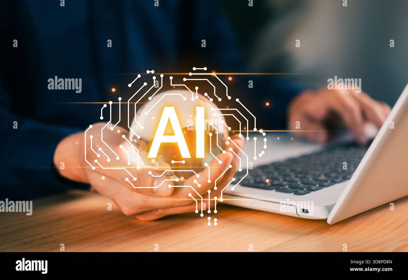 Mains utilisant un ordinateur portable avec une icône d'IA brillante, symbolisant l'intelligence artificielle, l'apprentissage automatique, l'automatisation et l'innovation numérique pour les entreprises modernes Banque D'Images