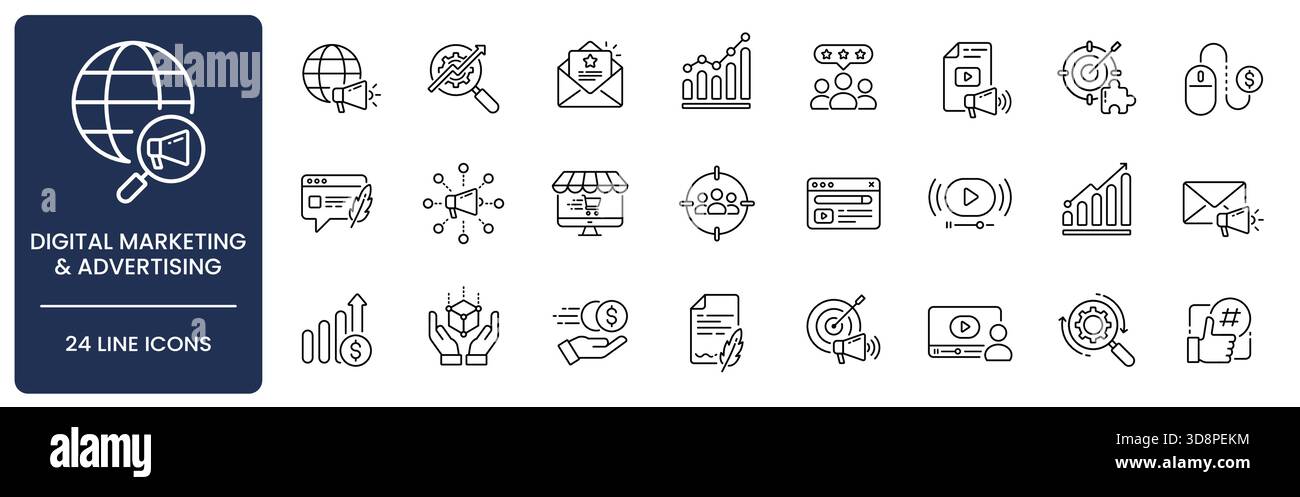 Jeu d'icônes de marketing numérique et de ligne publicitaire avec contour modifiable. Collecte de SEO, PPC, analyses, campagne, conversion, génération de prospects Illustration de Vecteur