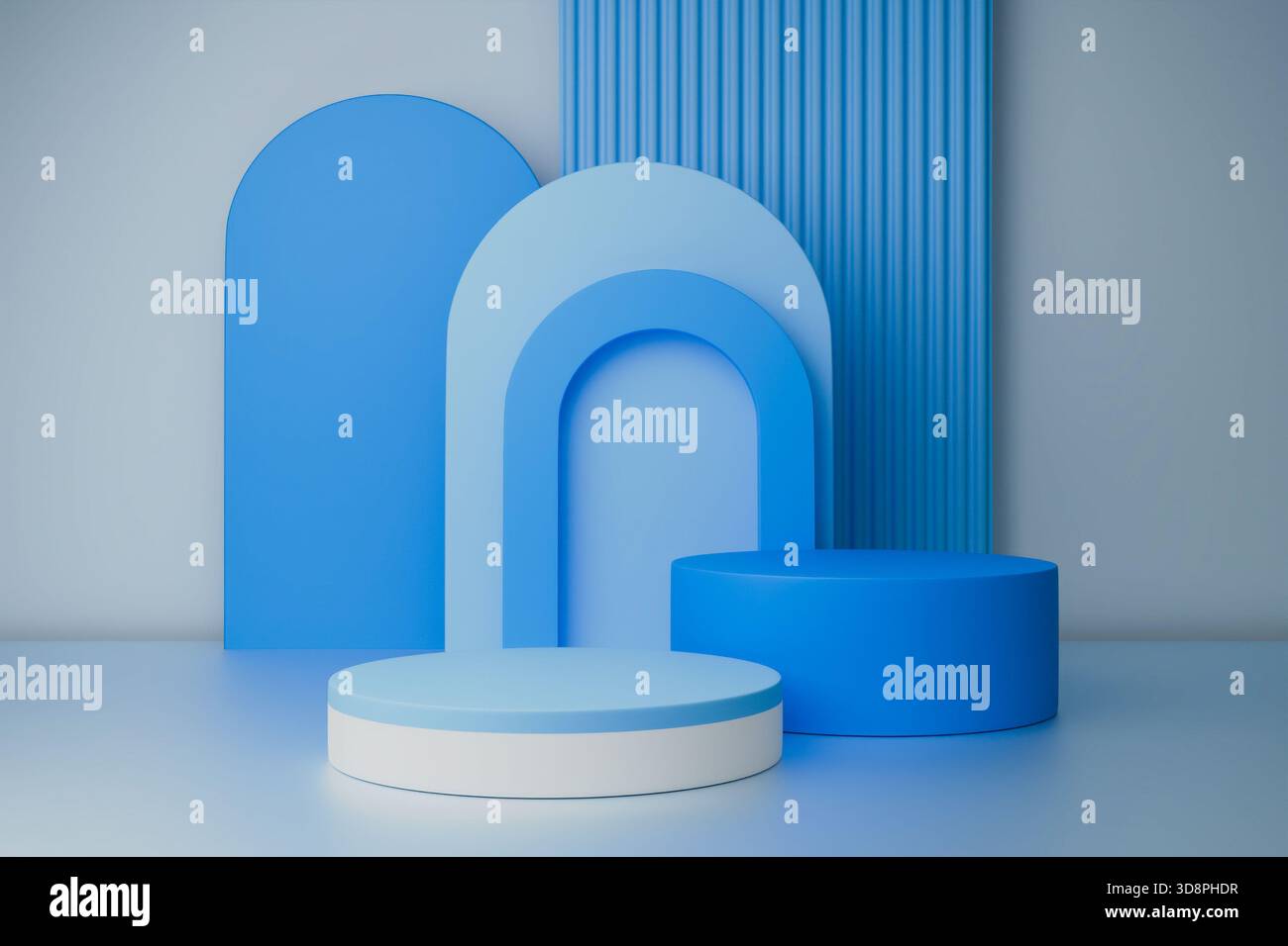 Plusieurs podiums bleus et cyan sur un fond avec des arches géométriques Banque D'Images
